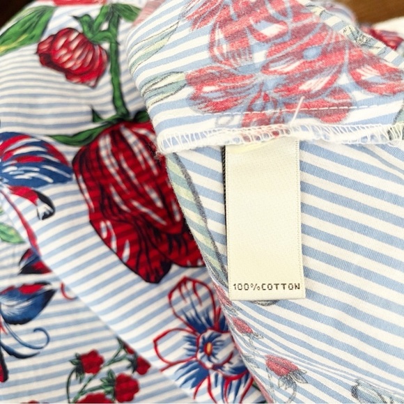 NM Neiman Marcus Midi Skirt Womens Size 8 Blue Stripe Red Rose Tie Front Buttons - Picture 5 of 6